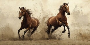 两匹骏马奔腾扬起尘土