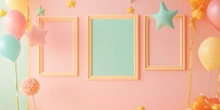 粉色墙面的相框与气球装饰