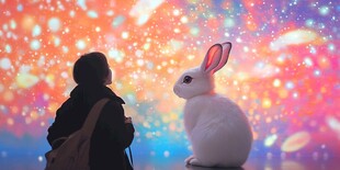 女孩与梦幻白兔的奇妙对视