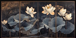四幅荷花屏风画