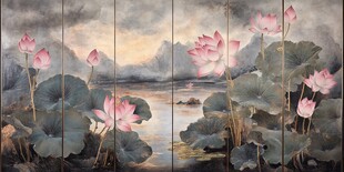 水墨荷花屏风画