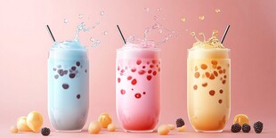 三杯多彩珍珠奶茶诱人画面