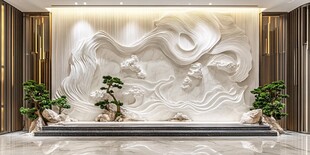 中式大气山水浮雕玄关背景