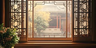 中式窗景下的古典庭院风光