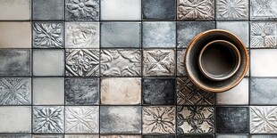 复古瓷砖上的简约陶制杯具