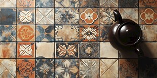 复古花纹瓷砖上的黑陶壶