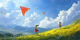 草地上孩童快乐放风筝