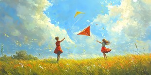 田野上女孩欢快放风筝