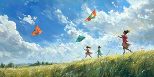 田野上孩子欢快放风筝