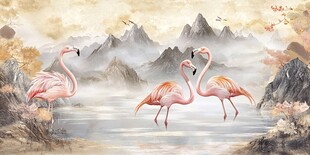 湖畔火烈鸟的诗意山水景
