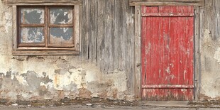 老旧墙面的红门与破窗