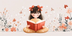 女孩花丛中专注阅读