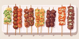 美味多样烤串排列展示