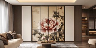 中式客厅的牡丹艺术屏风