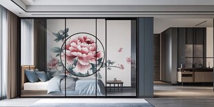 中式卧室带牡丹图案玻璃隔断
