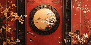 中式红墙花鸟装饰壁画