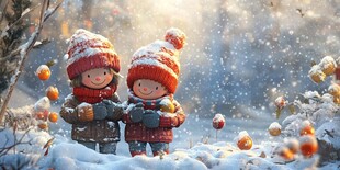 冬日孩童雪中嬉戏赏橘景