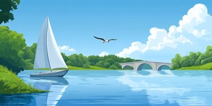 湖畔帆船景 飞鸟伴桥影