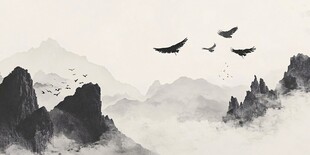 水墨山水间飞鸟翱翔