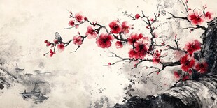 水墨红梅图 孤鸟栖枝间