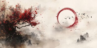 水墨红枫映日飞鸟图