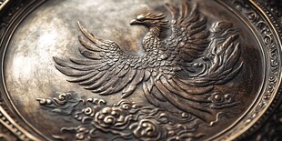 古铜盘上的凤凰精美浮雕