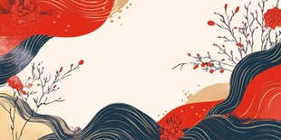 中式红韵波浪花卉背景图