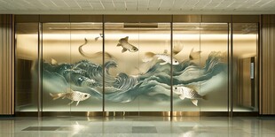 中式玻璃墙绘灵动鱼浪图