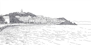 海边小镇线描风景图