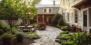 石砌庭院绿植环绕的闲适空间