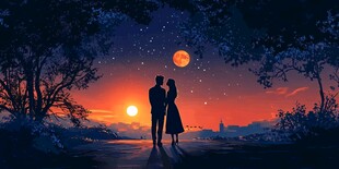 月下情侣浪漫共赏夕阳