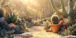 阳光照耀下的多肉仙人掌园