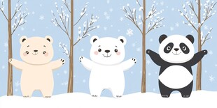 雪地中的可爱动物三伙伴