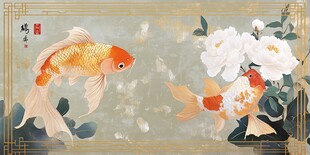 中式国风金鱼牡丹图