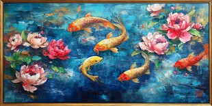 锦鲤戏牡丹油画作品