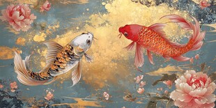 锦鲤戏牡丹 吉祥中式图景