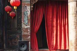 古宅红帘灯笼音响景致