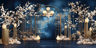 蓝金中式浪漫婚礼拱门场景