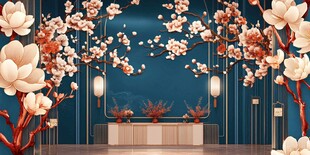 中式繁花背景的雅致空间