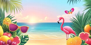 夏日海滨水果与火烈鸟图景