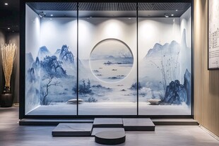 中式山水意境玻璃隔断空间