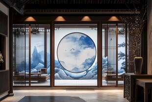 中式雅室中的山水圆形窗景