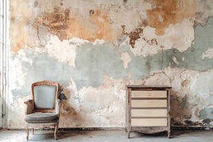 复古旧墙前的座椅与柜子