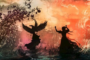 幻景中人与飞鸟共舞画面