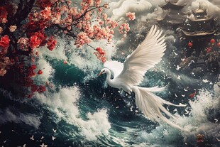 白凤逐浪映繁花