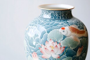 青花瓷瓶上的锦鲤荷花图