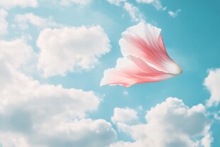 飘飞的粉白花瓣与蓝天云朵