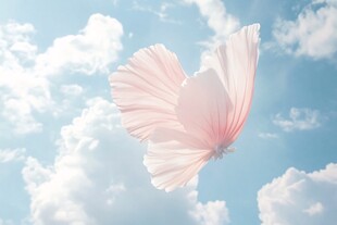 粉色蝶翼于蓝天云朵间飞舞