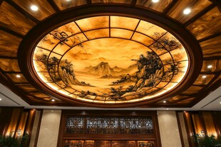 中式大厅圆形山水彩绘天花板