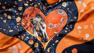 心形图案骏马印花丝绸